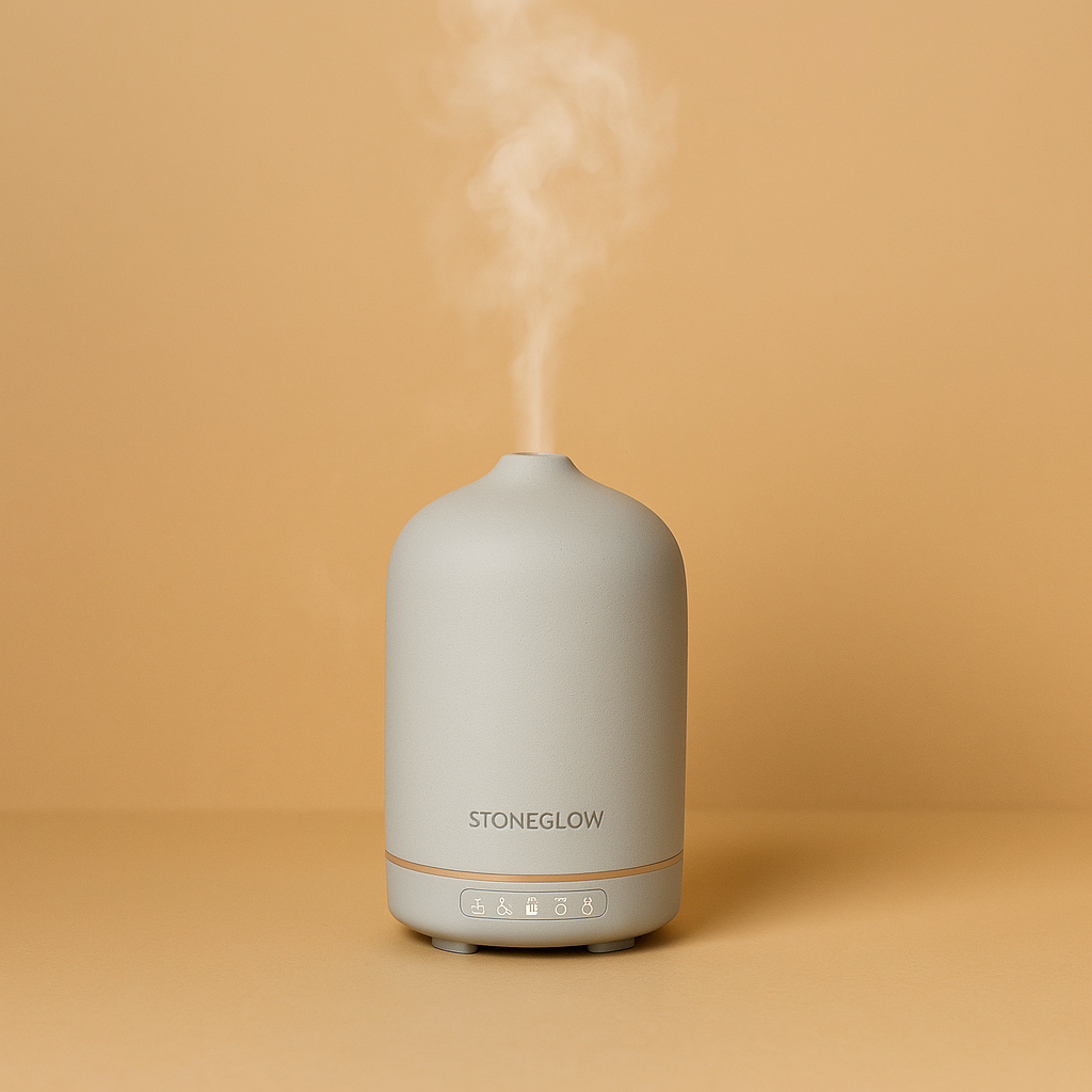 Aromadiffuser i matt grå keramikk med damp som stiger opp.