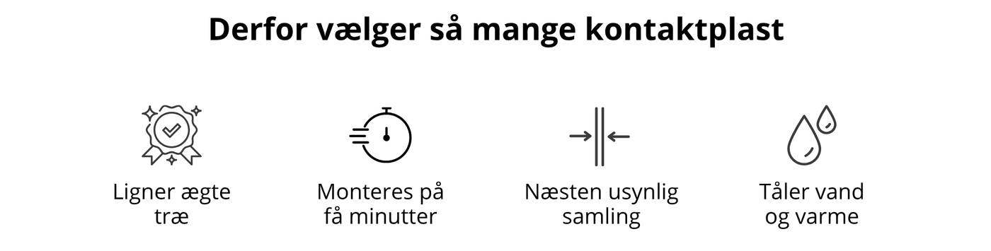 Ikoner, der viser fordelene ved selvklæbende kontaktplast med træstruktur til møbler, borde og bordplader.