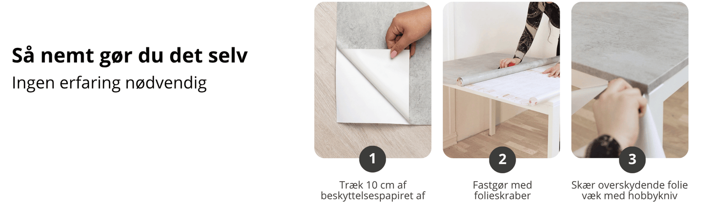 Trin-for-trin guide til montering af betonkontaktplast – fjern beskyttelsespapiret, fastgør folien og skær overskydende materiale væk.