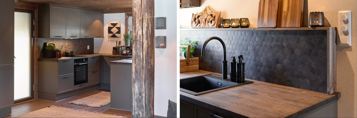 Kjøkken i Setesdal designet av Halvor Bakke med mørke fronter, tretak og Hexagon mørk betong fliser fra Lindas Dekor som backsplash.