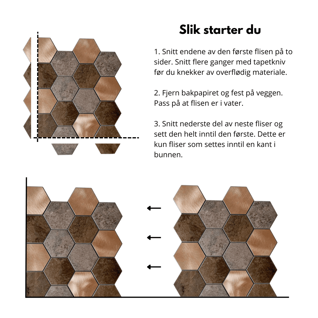 "Bente hexagon selvklebende veggfliser – vannavvisende, slitesterke og enkle å rengjøre"
