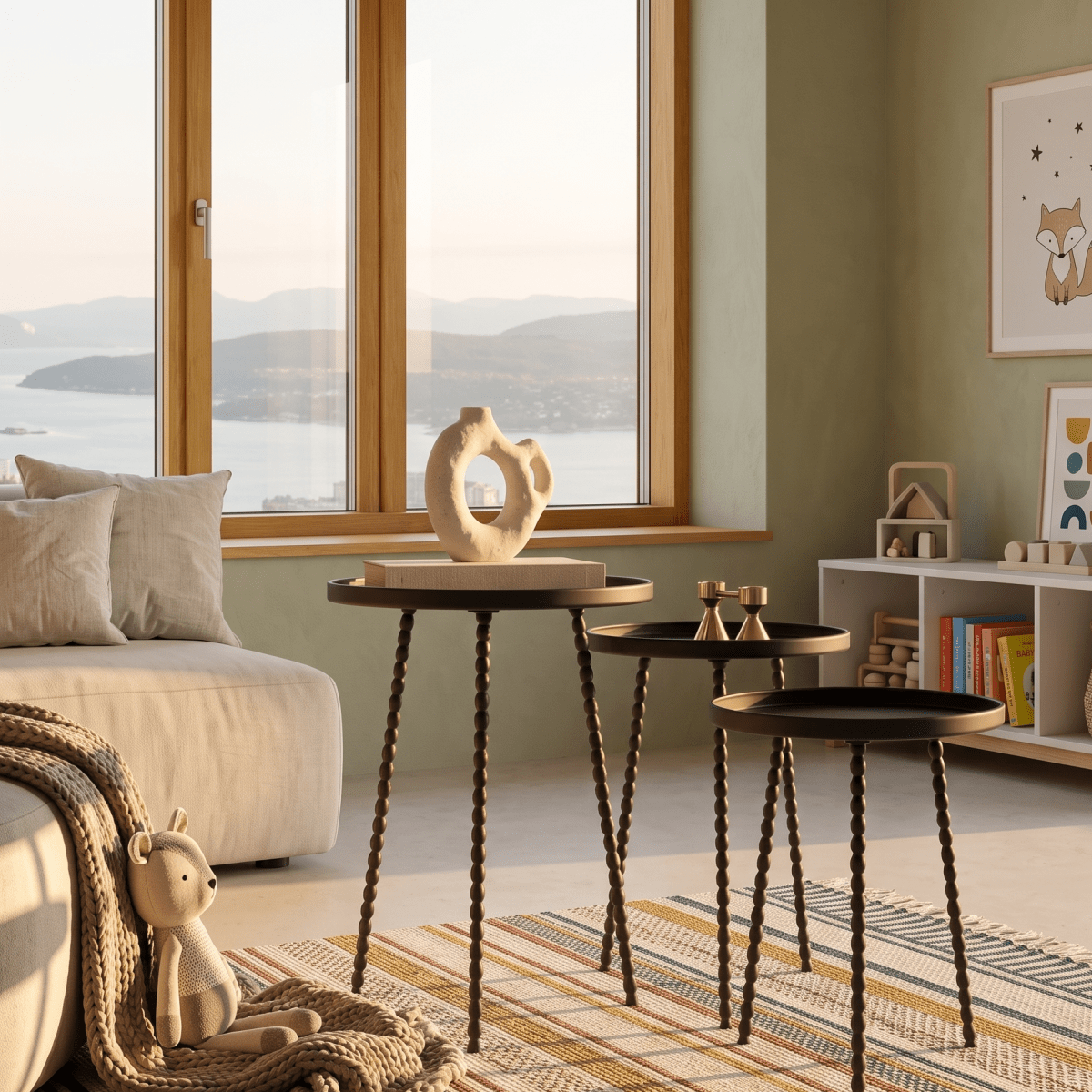 Salvo sidebord sett med tre sorte bord plassert samlet i lys stue med sofa og treverk