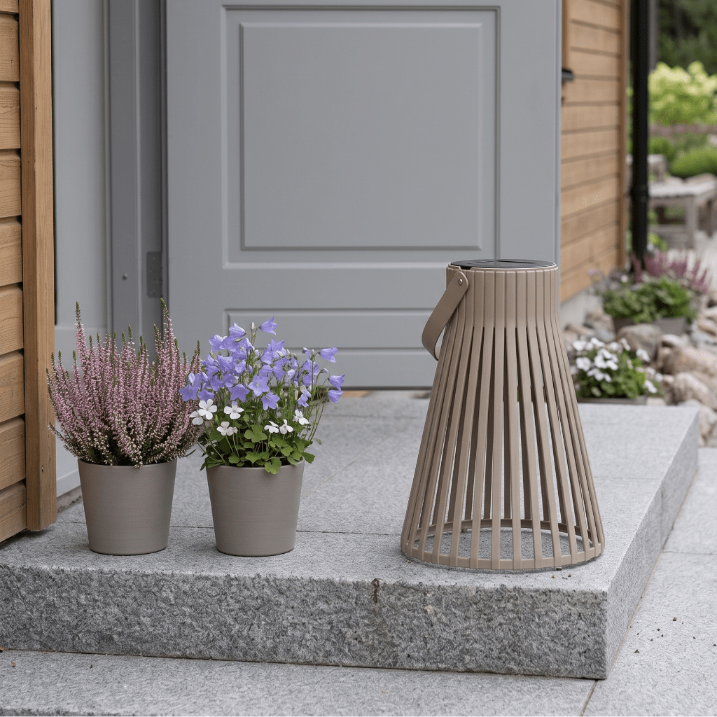 Brun solarlykt plassert på en hellelagt uteplass ved blomsterpotter og grønne planter. - Lindas dekor