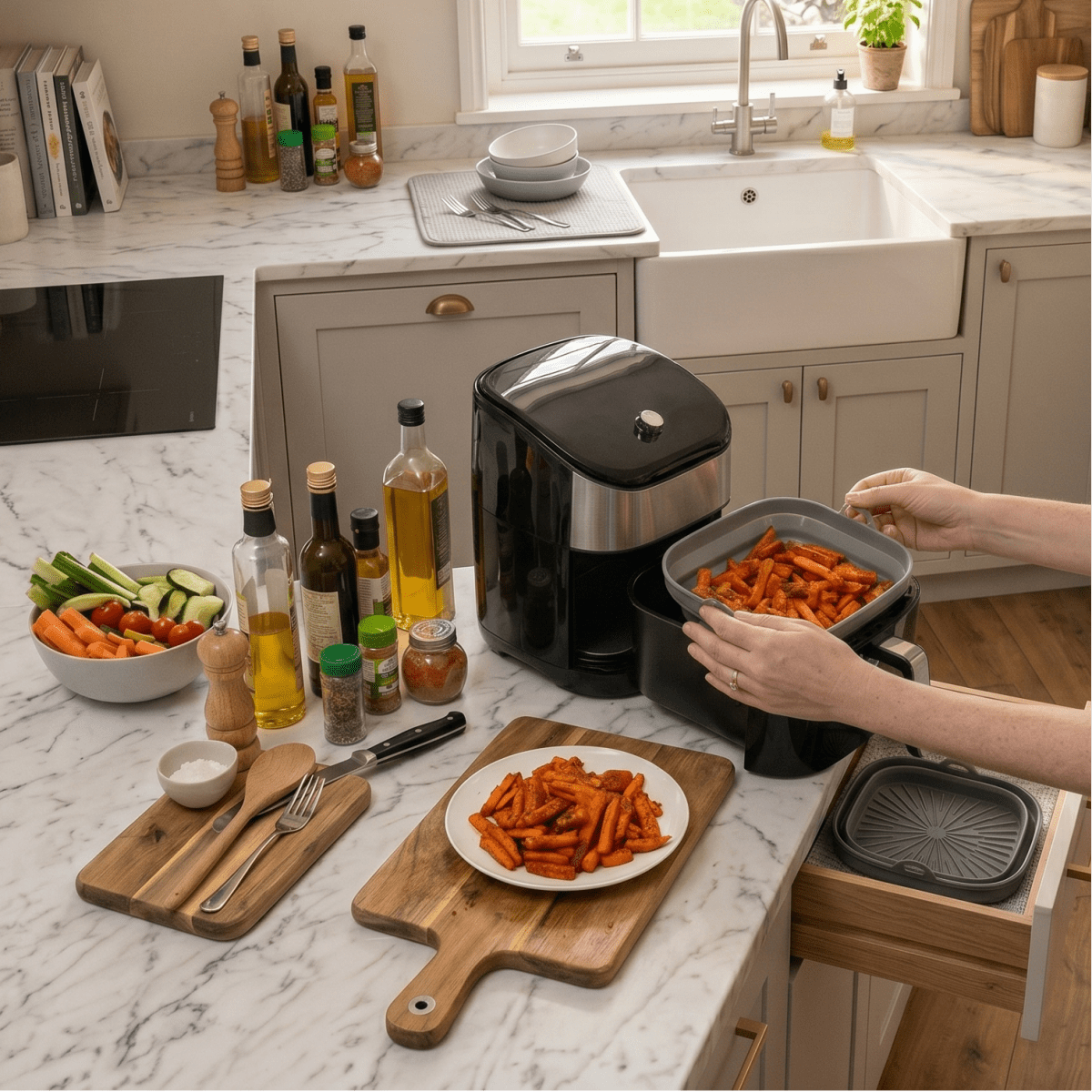 Grått sammenleggbart silikoninnlegg til airfryer 22 x 22 cm fylt med sprø søtpotet fries på et lyst kjøkken med airfryer og kjøkkenutstyr.