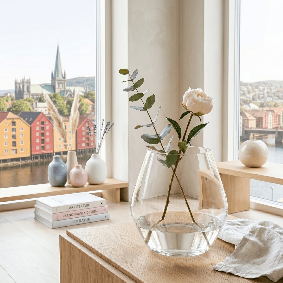 Arja glassvase klar rund 23 x 23 cm stylet med blomster på bord ved stort vindu i lyst nordisk hjem.