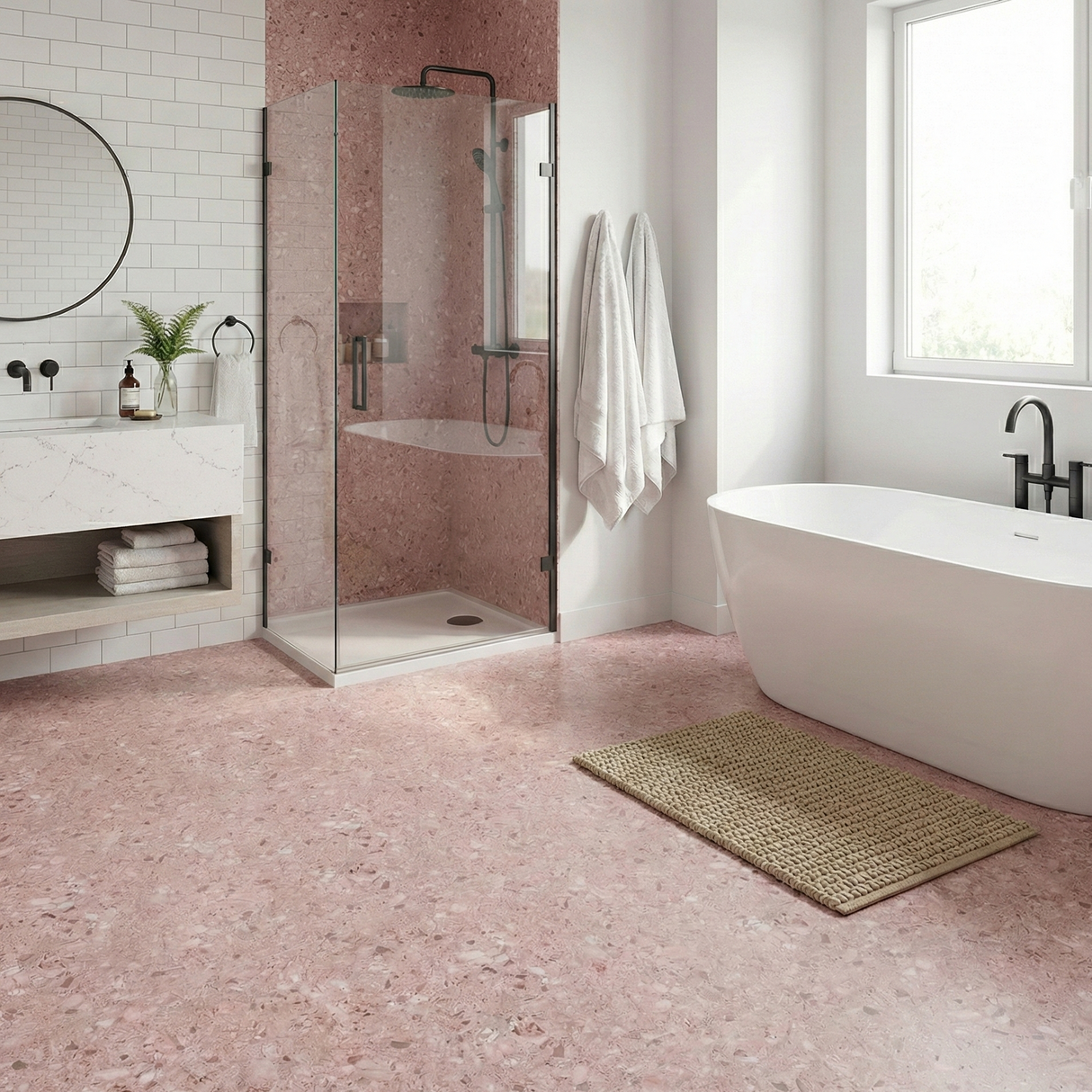 Lisboa Rosé selvklebende veggfliser - moderne terazzomønster med roséfarget base og kunstneriske spetter