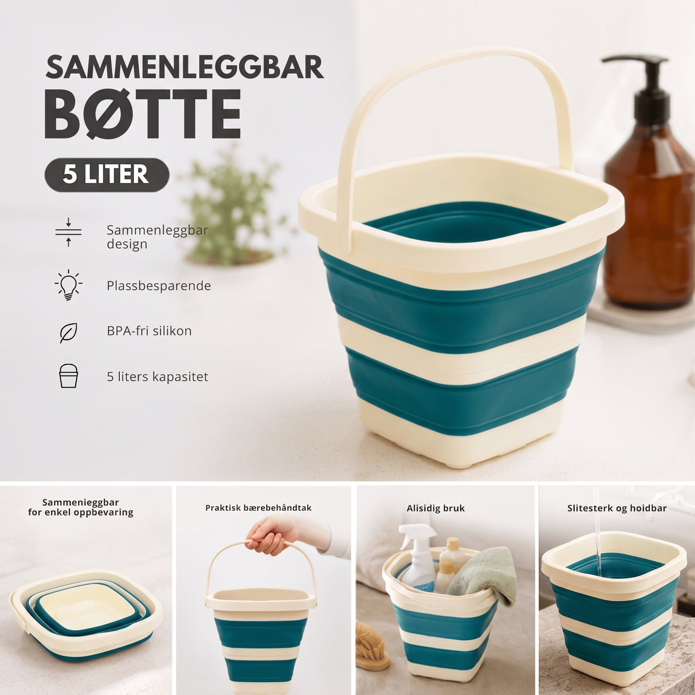 Sammenleggbar bøtte 5 liter blå