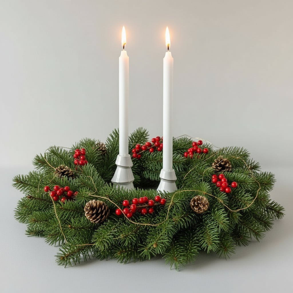 To hvite lysestaker formet som juletrær med høye hvite stearinlys.