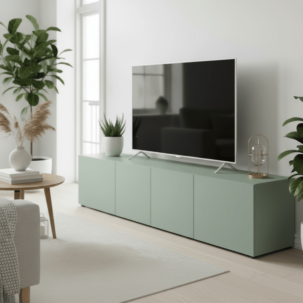 TV benk med salviegrønn selvklebende folie på skapfronter i moderne og lys stue