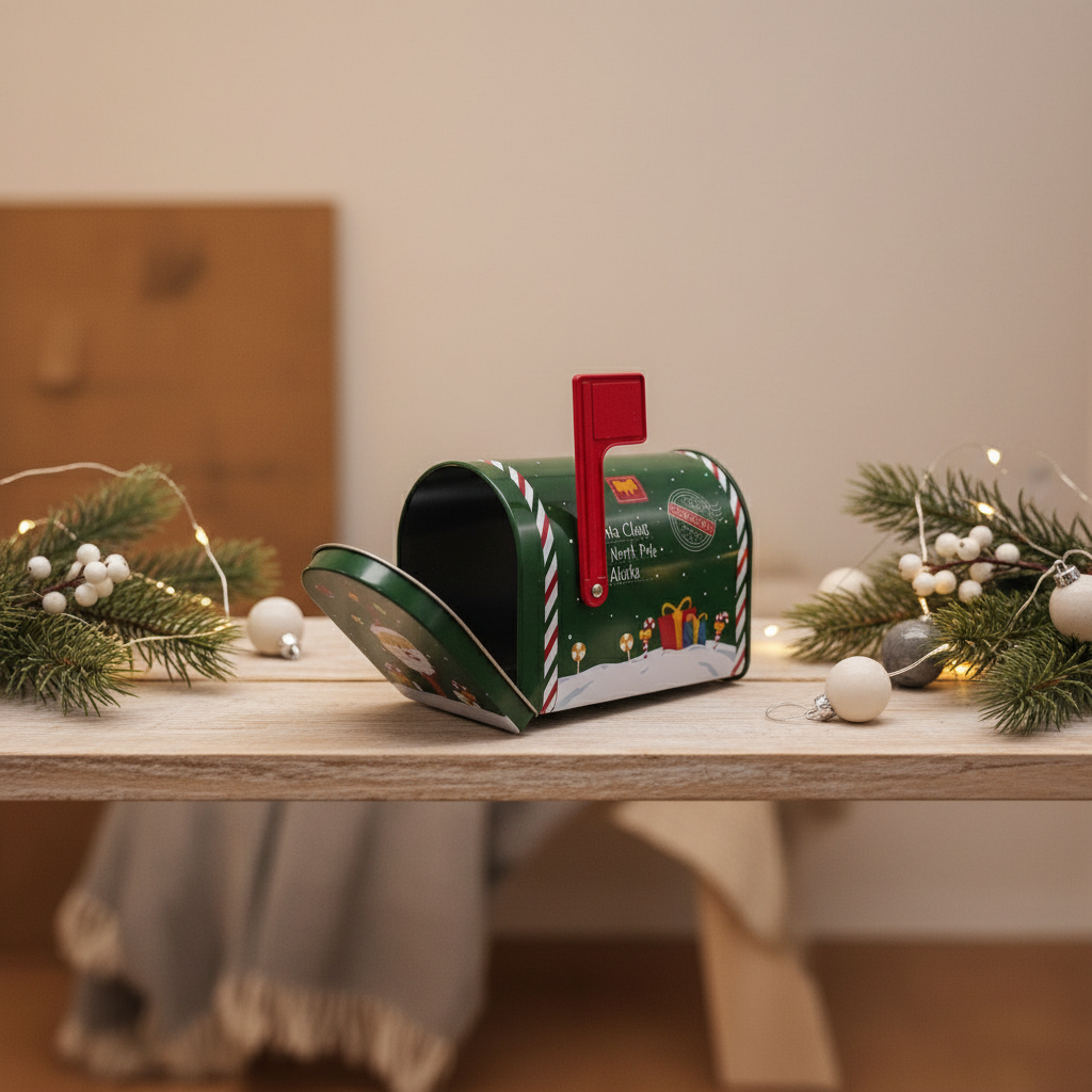 Liten grønn postkasse med nissedekor og rød flagg – juledekor i metall fra Lindas Dekor