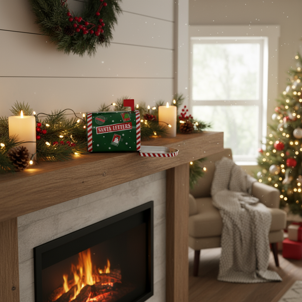 Dekorativ grønn postkasse med nissedekor og rød flagg – julepynt fra Lindas Dekor