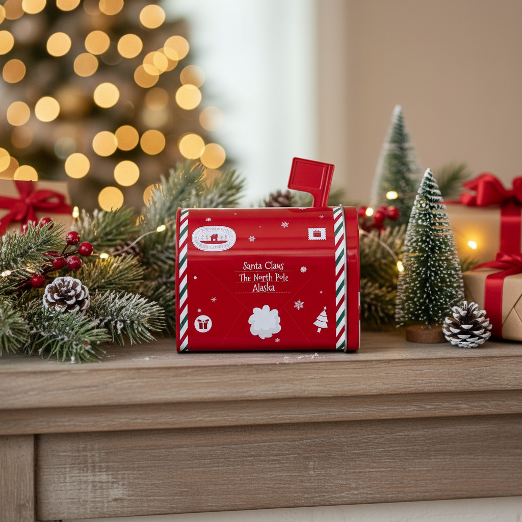 Rød julepostkasse i metall foran juletre – liten dekor til jul fra Lindas Dekor