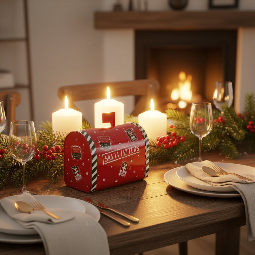 Rød og grønn metallpostkasse med julemotiv brukt som dekor på bord ved juletre