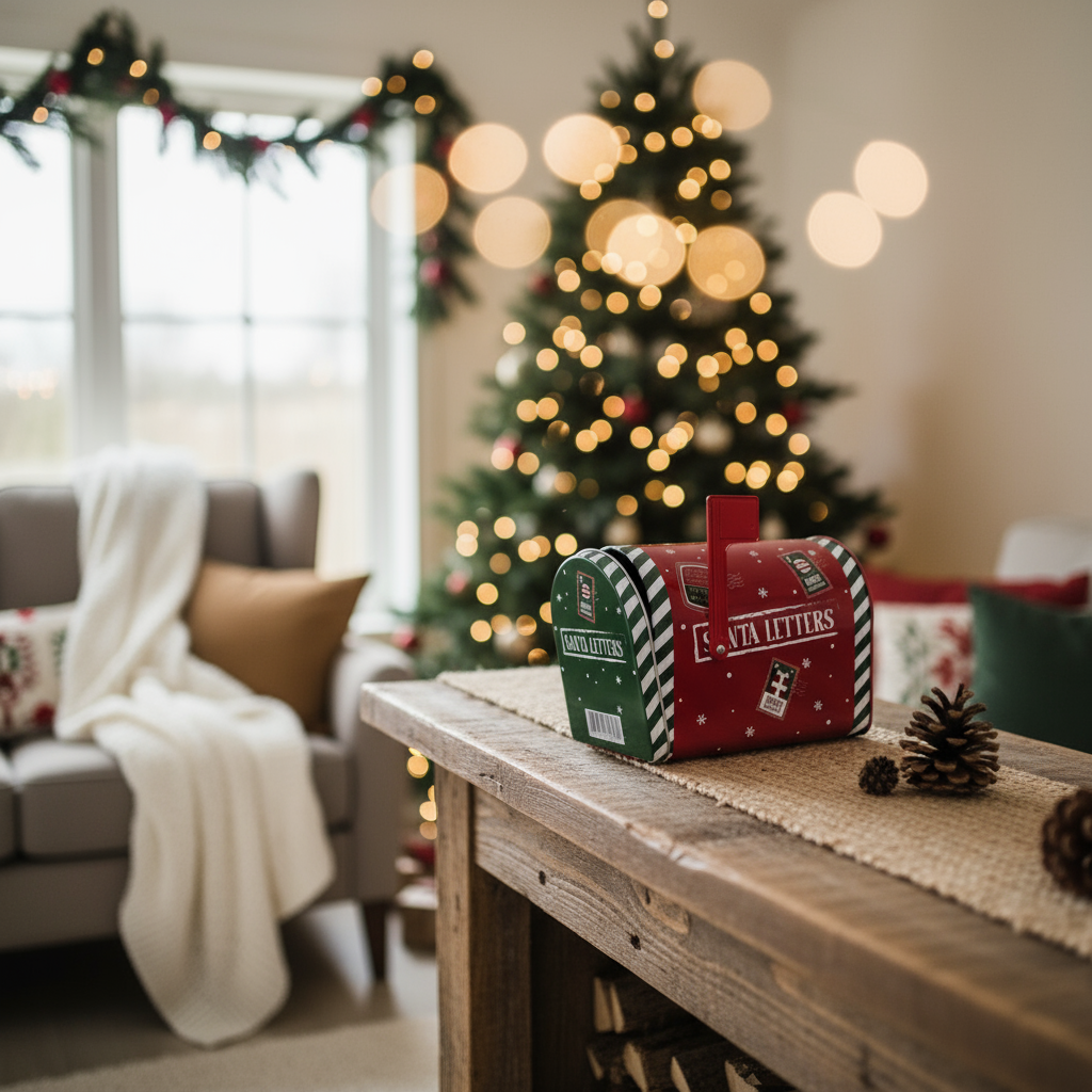 Dekorativ julepostkasse i metall, rød og grønn med motiv av nisse og snøfnugg