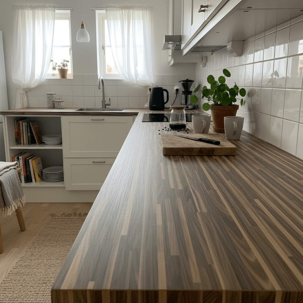 Nærbilde av Birmingham brun kontaktplast med rik brun overflate og premium finish