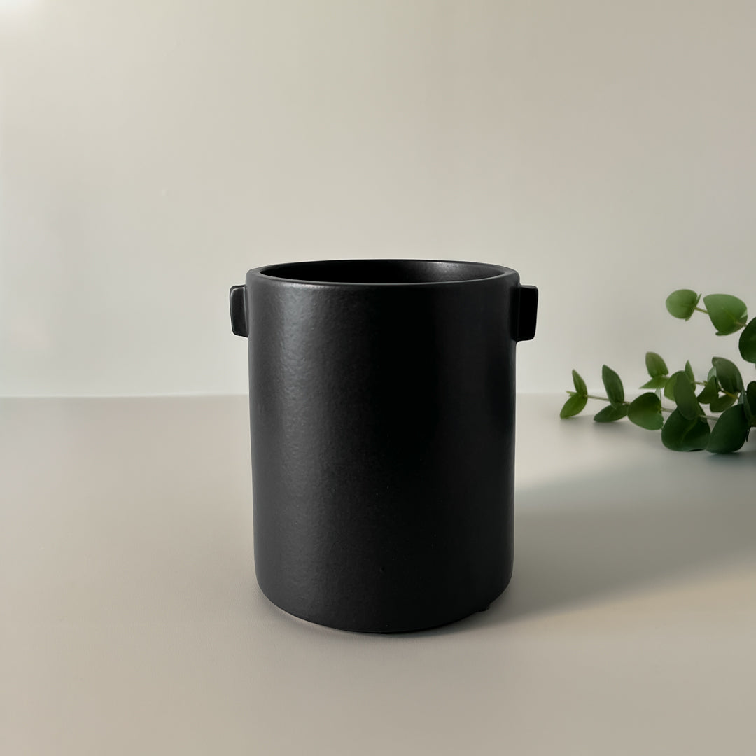 Justine sort potte med grønn plante i lys vinduskarm.