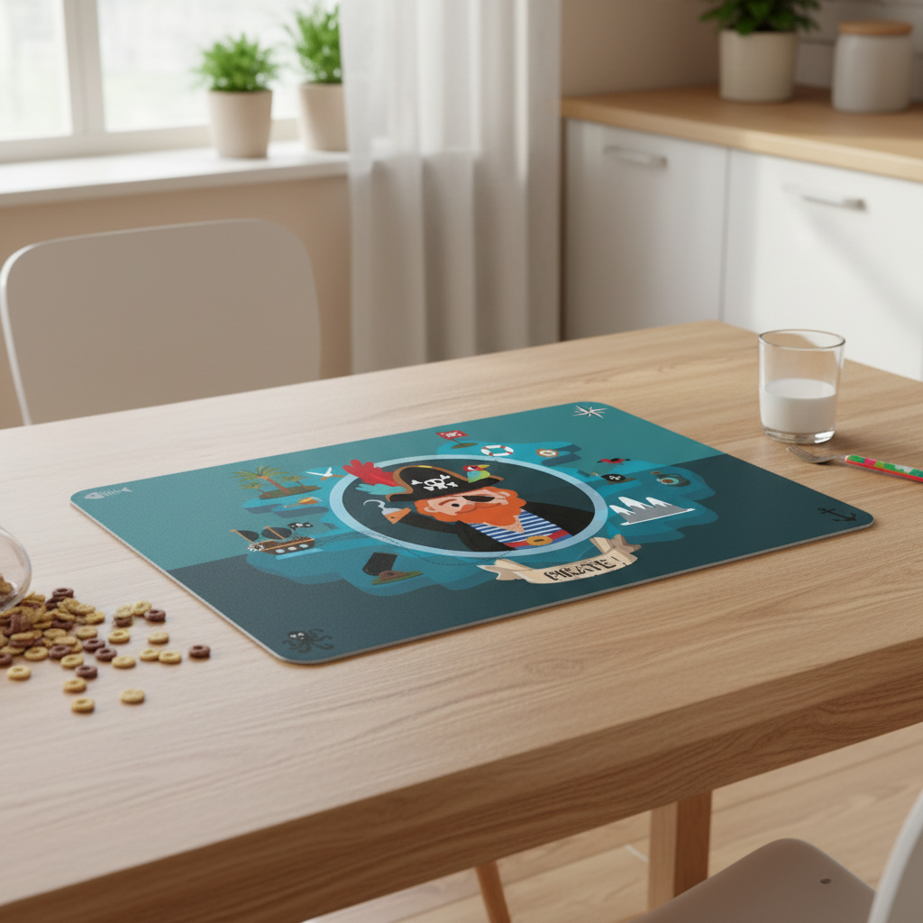Kvadratisk bilde av barnevennlig bordbrikke med piratmotiv