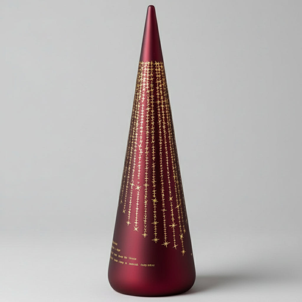 Rød kjegleformet LED-lykt med teksten Det lyser i stille grender