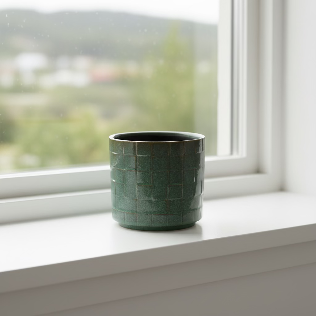 Grønn firkantet keramikkpotte 14 cm med grønnplante, moderne design