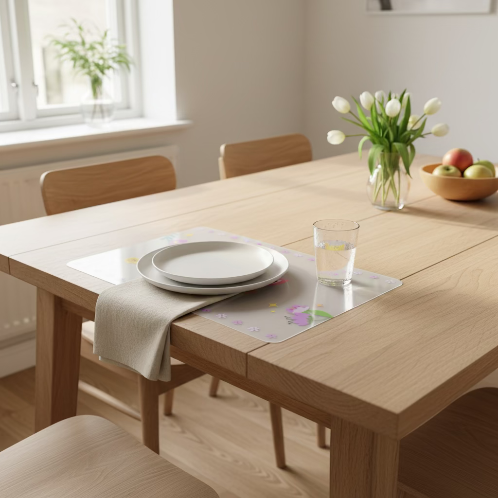 Nordisk spisescene med enhjørningbordbrikke