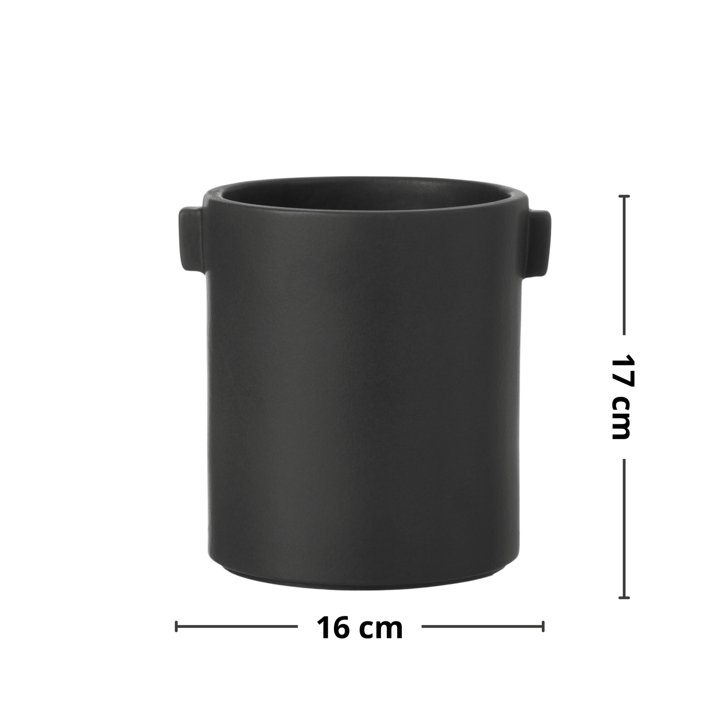 Produktbilde med mål – Justine potte sort, høyde 17 cm.