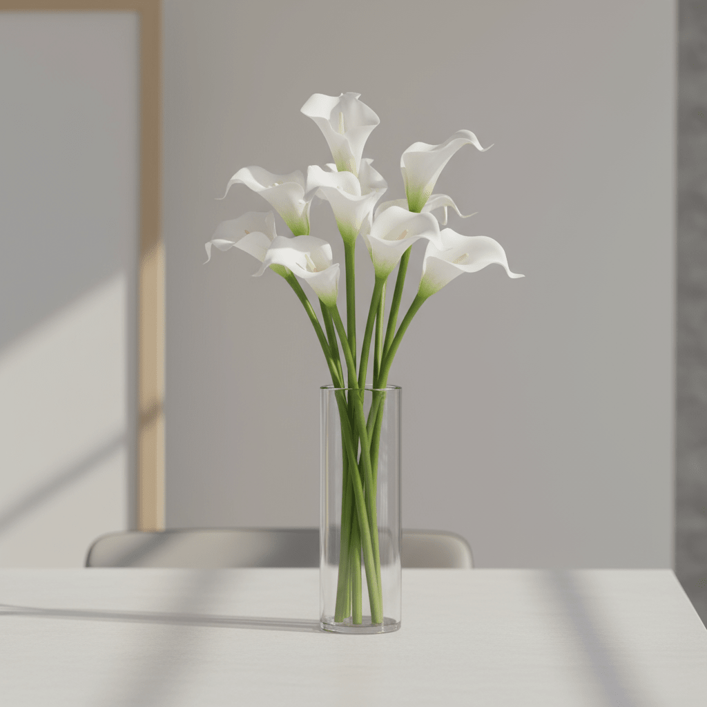 Elegant bukett med hvite kalla-liljer og grønne blader i en vase, plassert på et festpyntet bord i en moderne og lys stue.