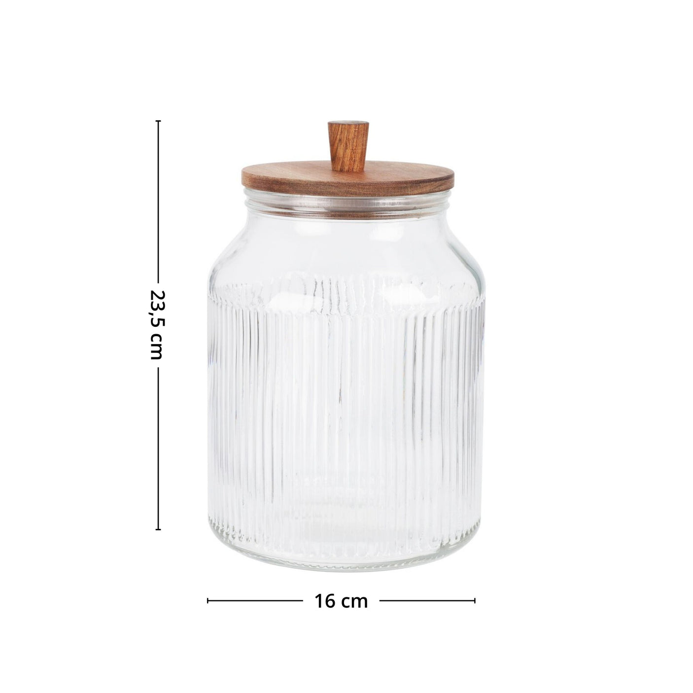 Dekorativ og praktisk krukke i ribbet glass med naturlig trelokk.