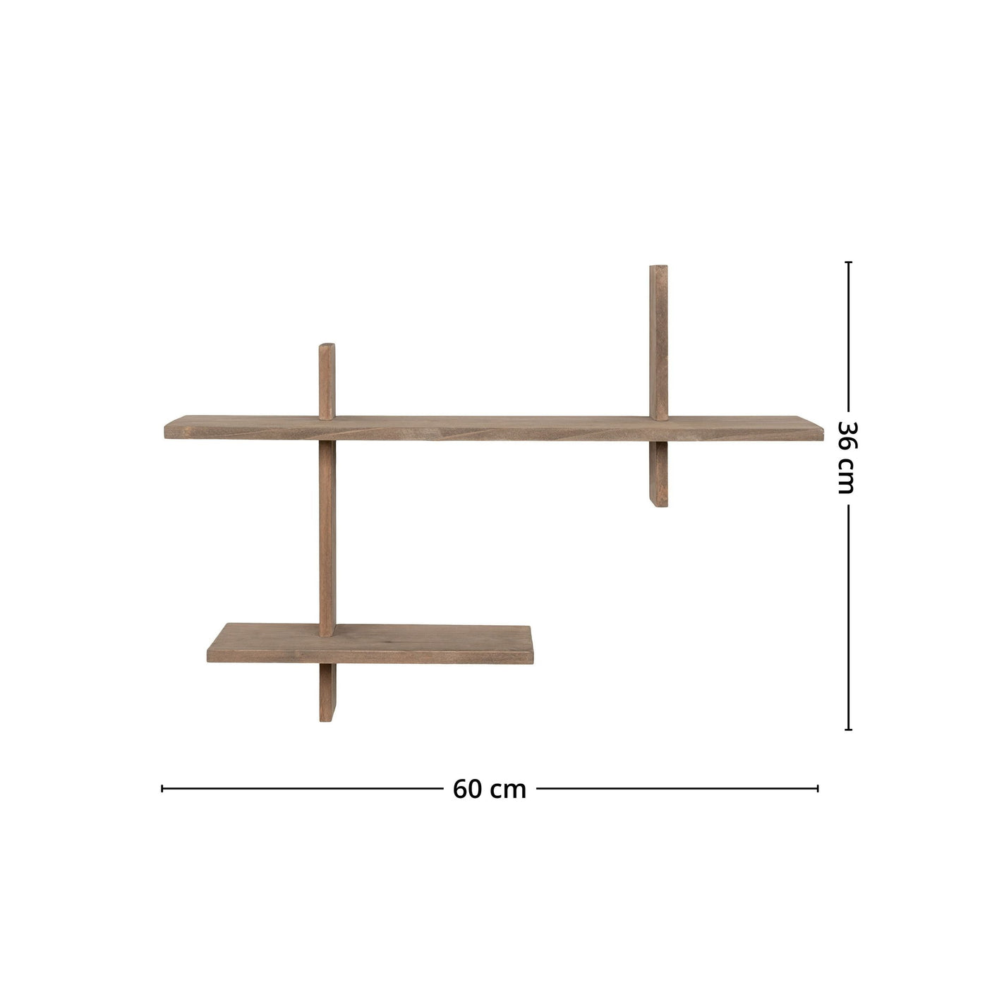 Vegghylle i naturfarget furu montert i lys gang med bøker, plante og keramikk – Ovada Shelf 60x15x44 cm, FSC-sertifisert treverk.