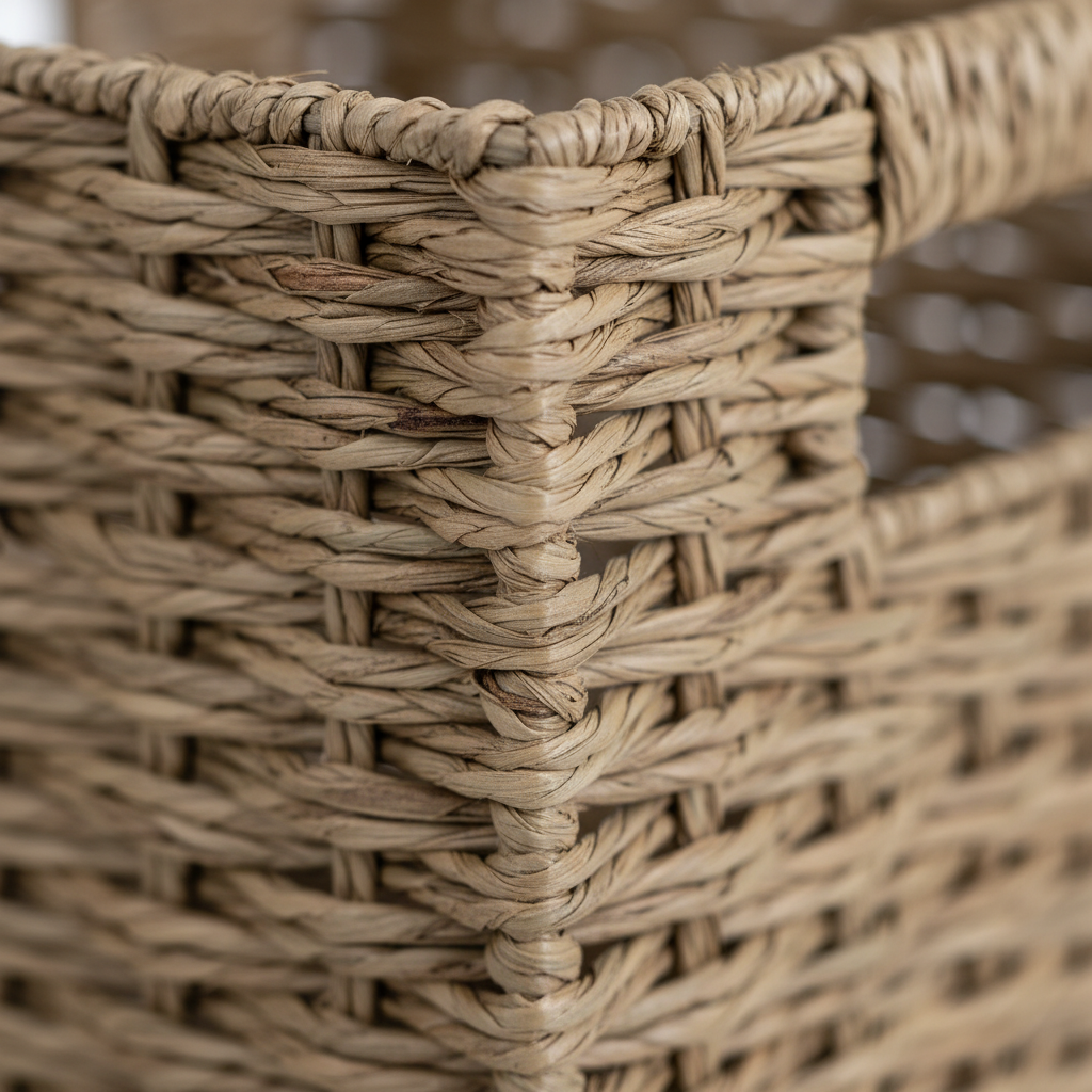 Naturfarget flettet oppbevaringskurv med småting i stue, nordisk design"