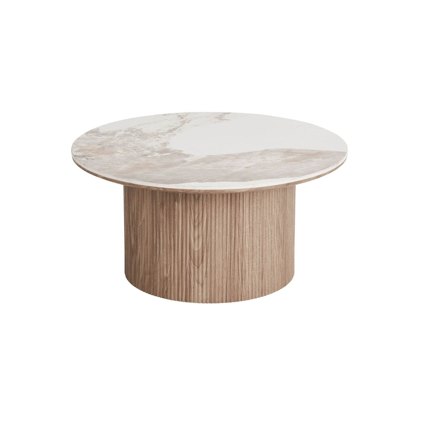 Athens Coffee Table rundt sofabord med keramisk bordplate i hvitt og brunt marmorlook og mørk brun sokkel – 80 cm.