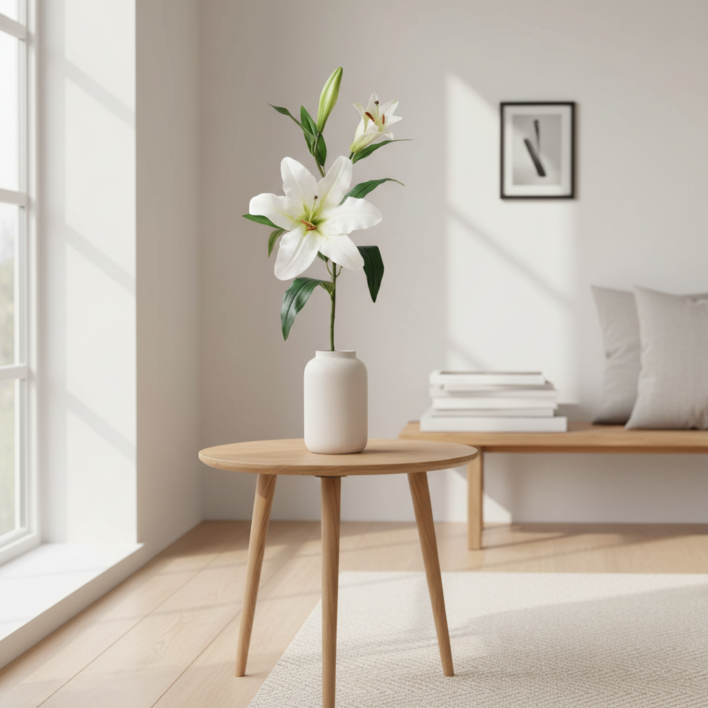 Bukett med hvite liljer i høy glassvase på festpyntet bord i fjellhytte, med utsikt mot skog og natur.