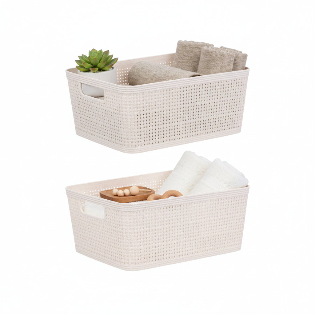 Oppbevaringskurv til baderom sandfarget vevd 25x19x10 cm småoppbevaring 2-pk