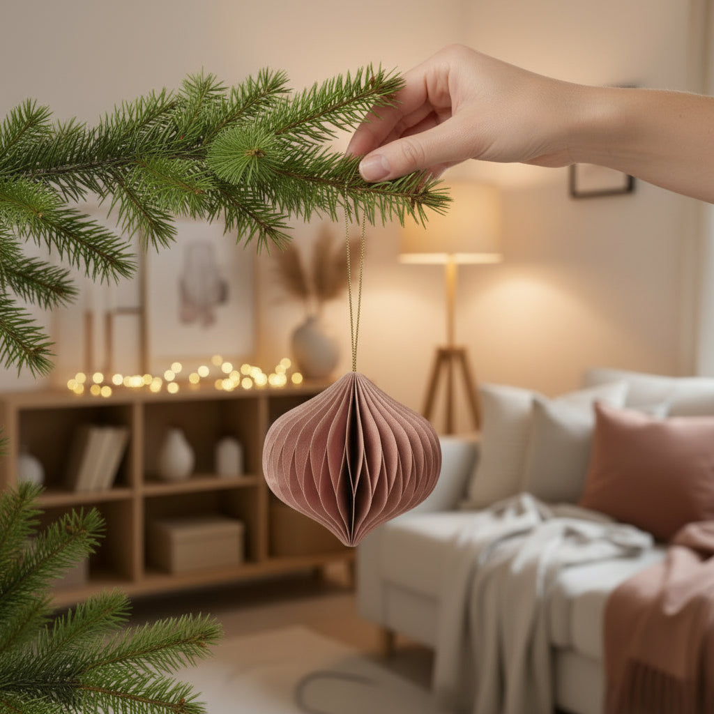 brun julekule i løkform av papir med glitterkant