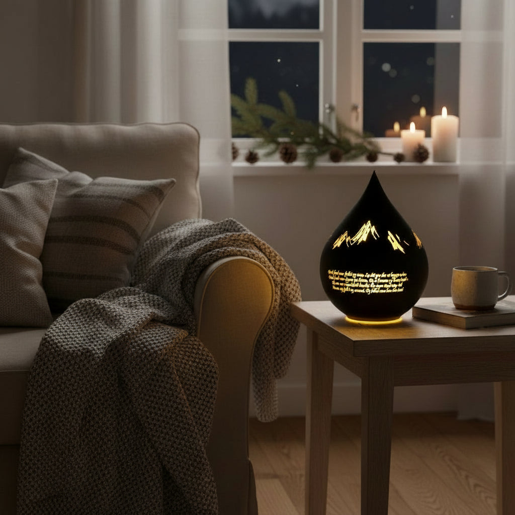 LED ljuslykt med utskuret motiv och nordnorsk salmetekst, belyst