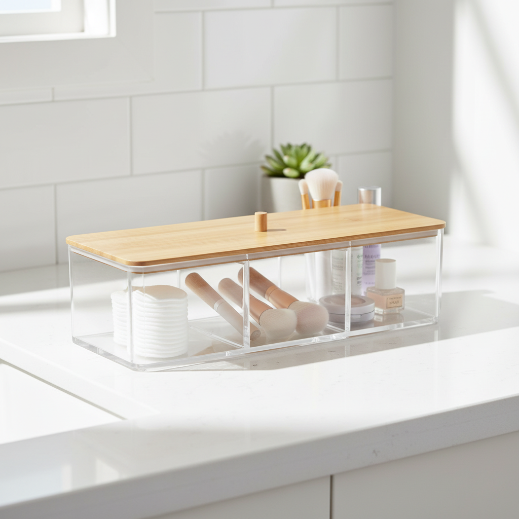 Oppbevaringsboks med bambuslokk 23x9,5x6,5 cm - transparent makeup organizer med 3-delt inndeling