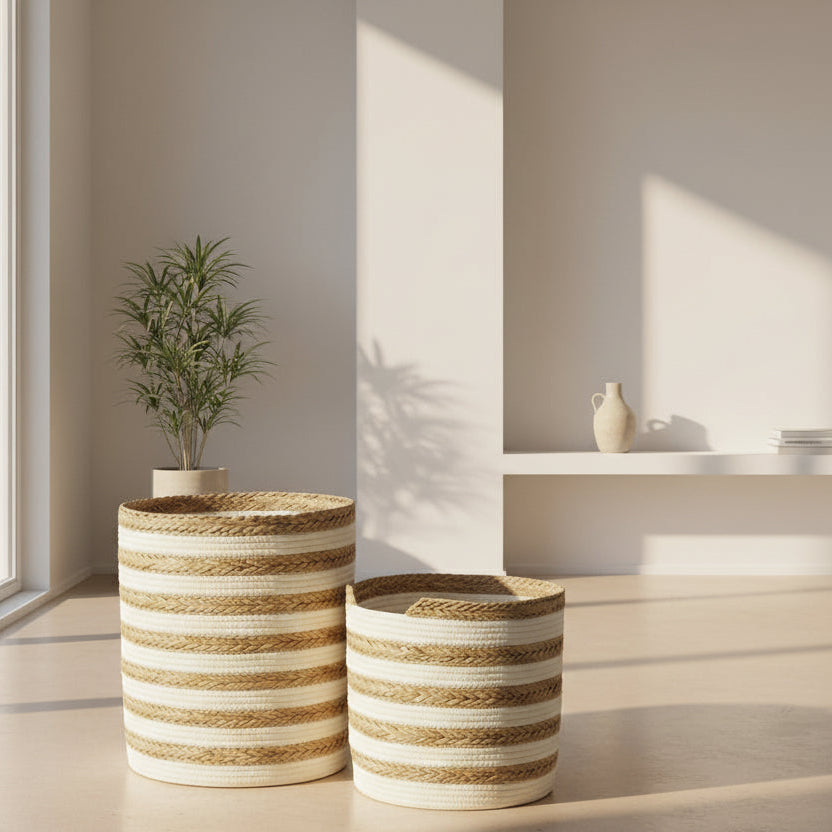 Oppbevaringskurver stripet hvit og natur, 2 stk sett i gress og bomull