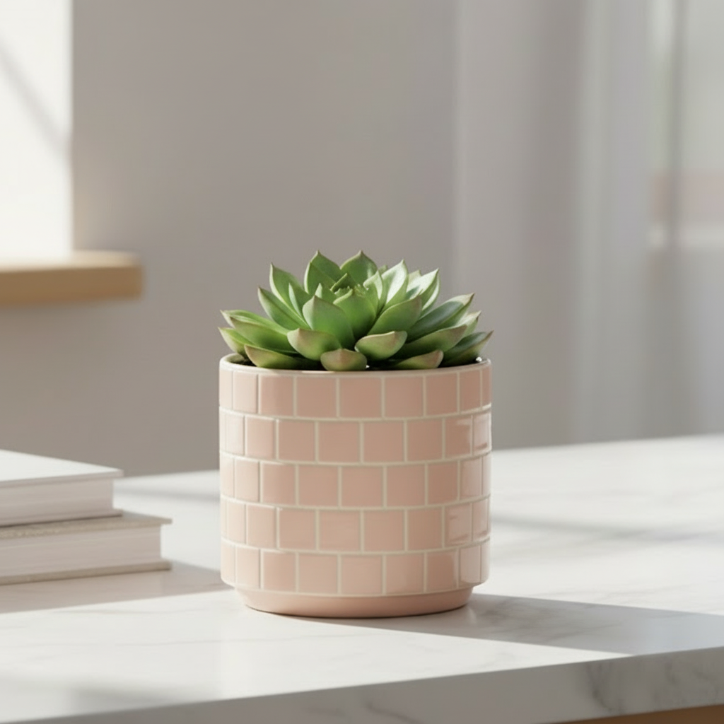 Blomsterpotte i rosa keramikk, 12 cm liten potte med glansfinish for innendørs planter