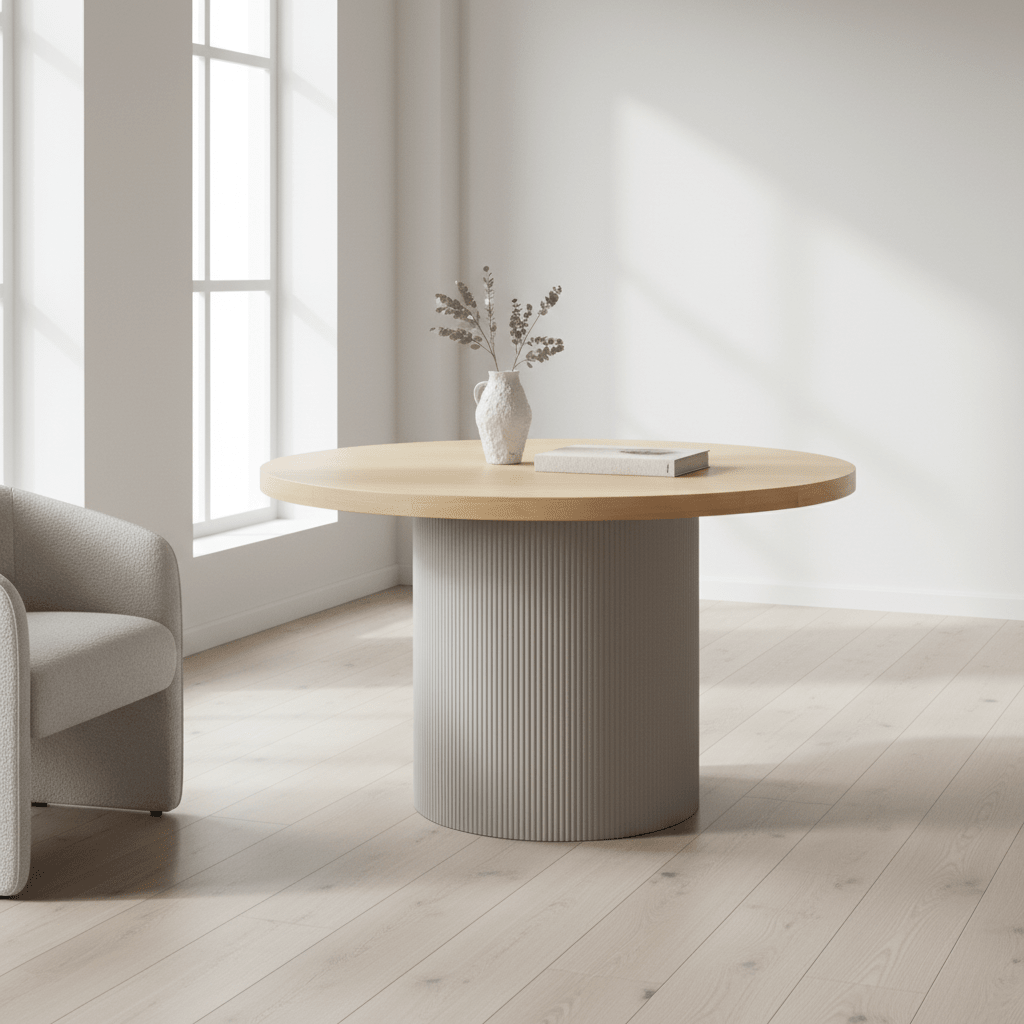 Solva spisebord naturlig eg ø120 cm med sandfarvet sylinderbase - House Nordic