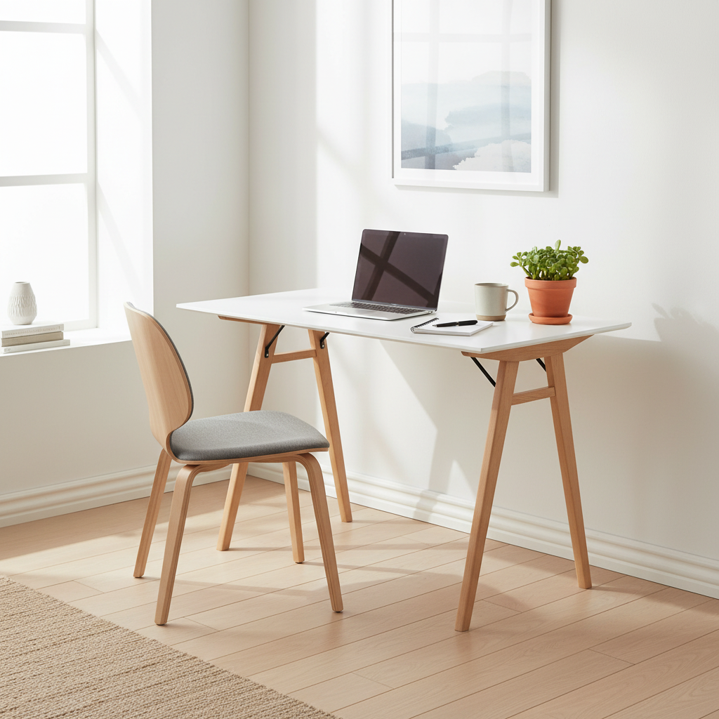 Kvadratisk bilde av lett og moderne skrivebord med naturdetaljer