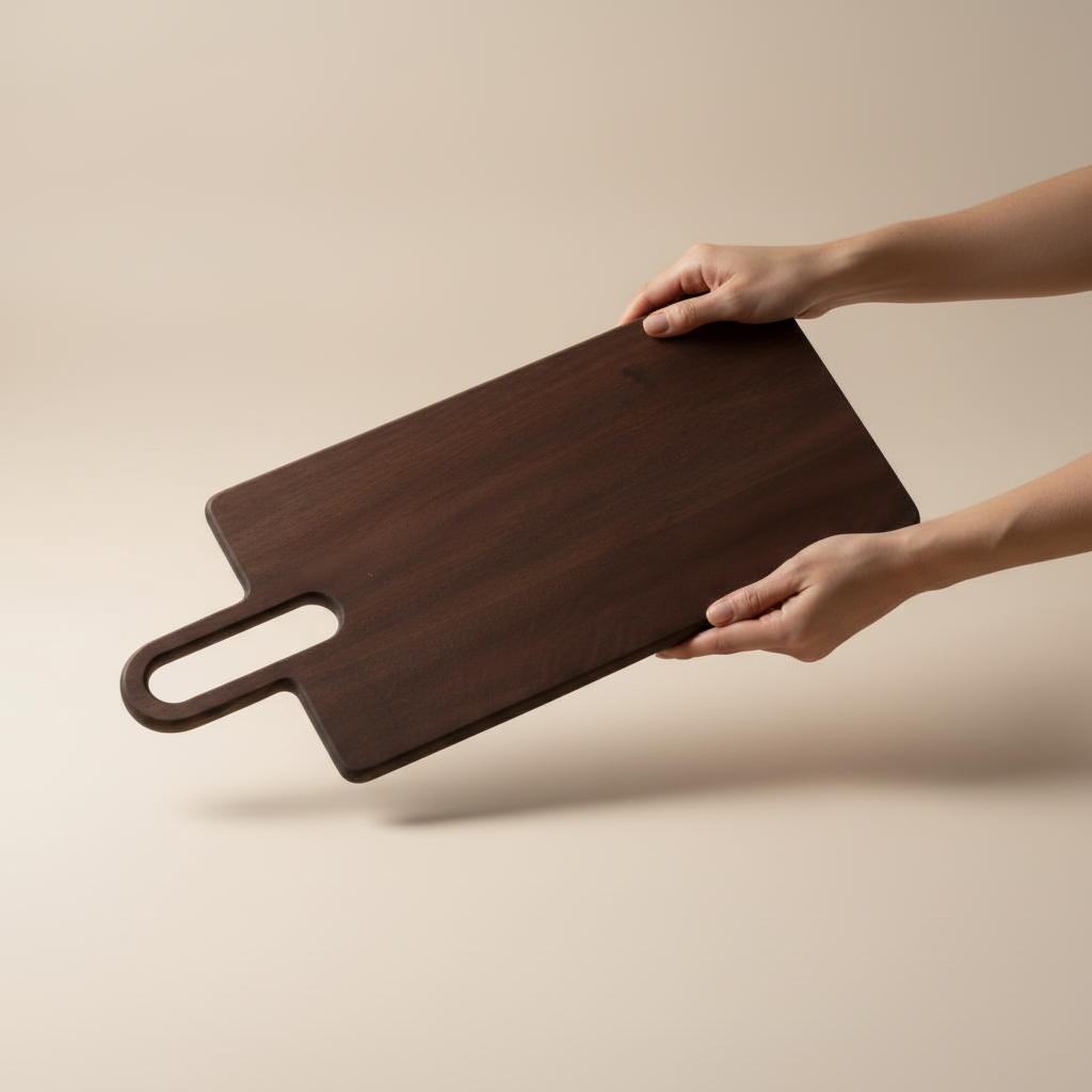 Detaljbilde av mangotre skjærefjøl som viser naturlig treåring og kvalitetshåndverk