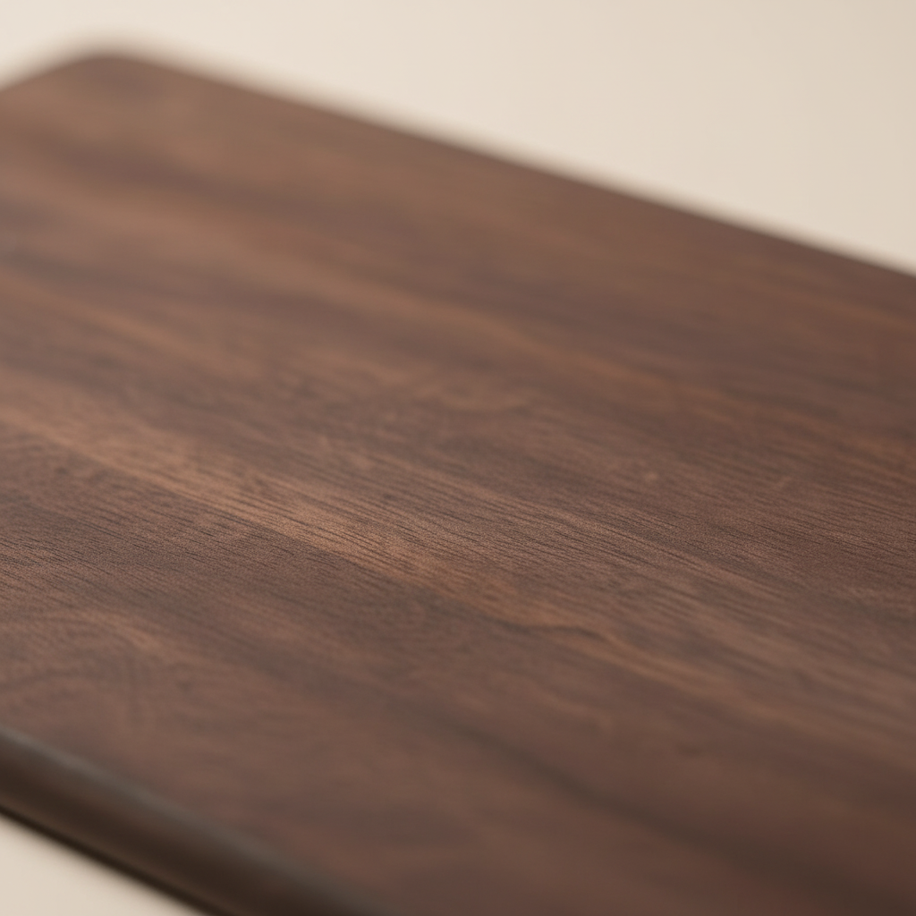 Nærbilde av premium mangotre skjærefjøl med mørk brun patina og slitesterk overflate