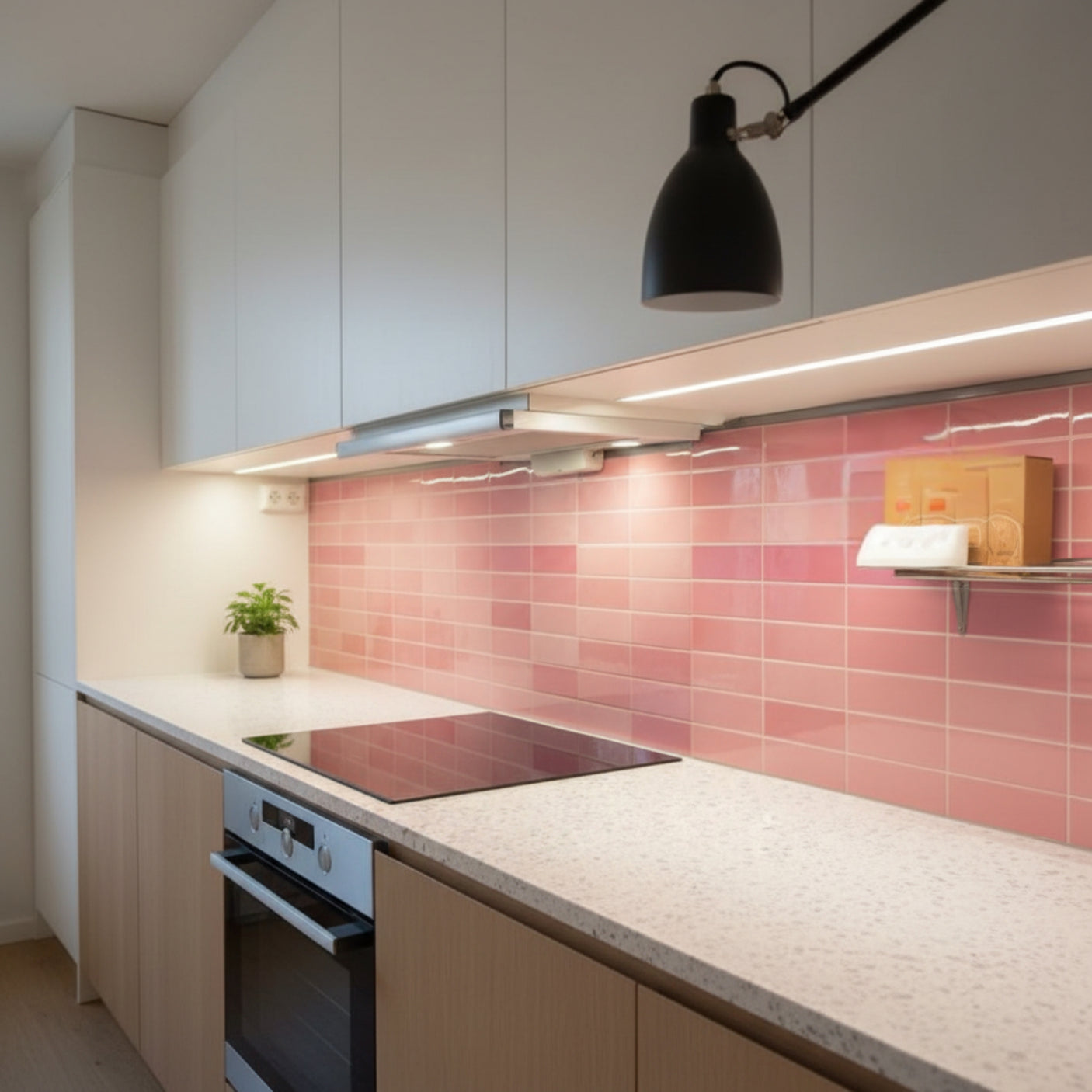 Adelina rosa selvklebende veggfliser i lys rosafarge med glossy overflate og rektangulært design