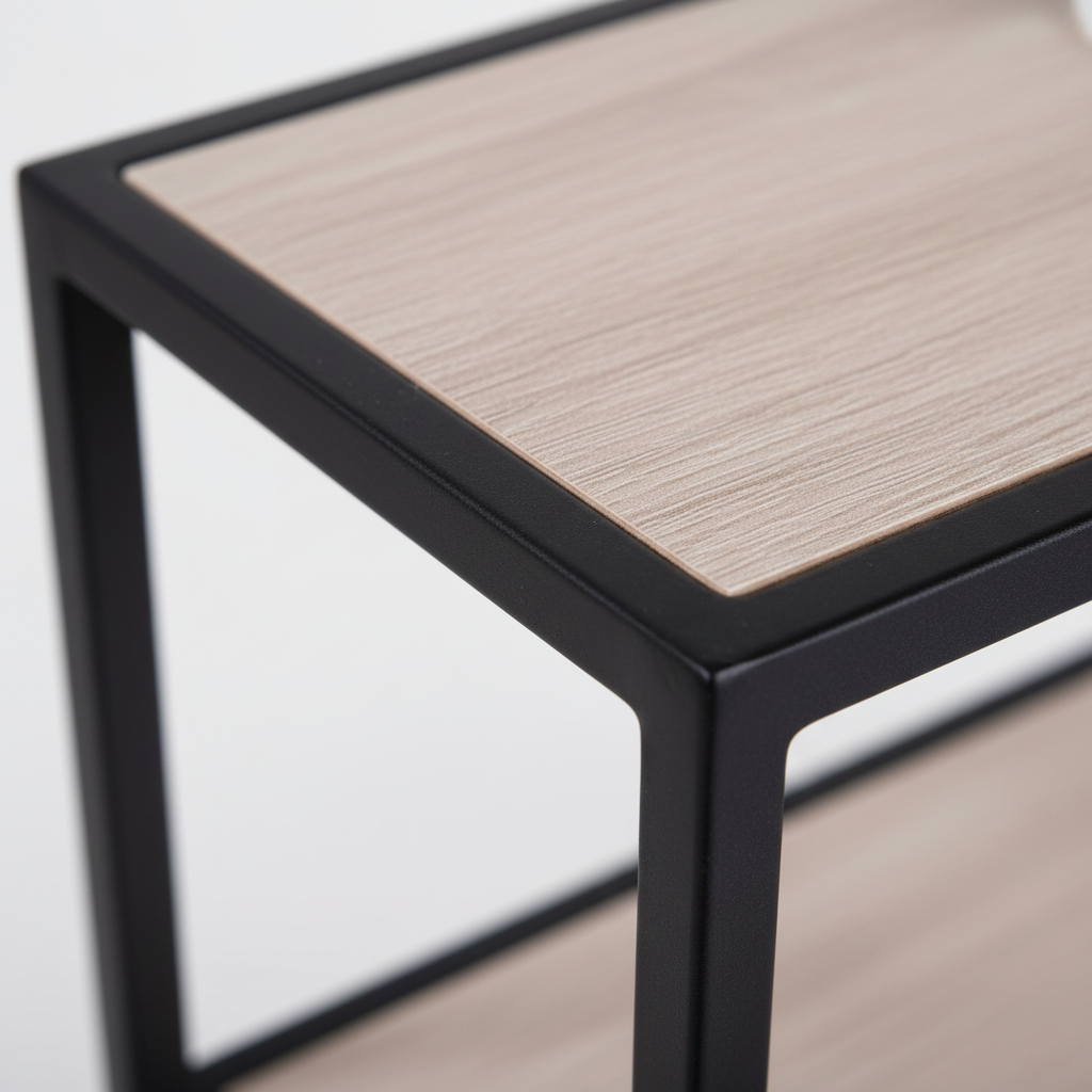 Rund vegghylle Rotterdam med trehyller og sort ramme, dekorert med plante og små interiørdetaljer