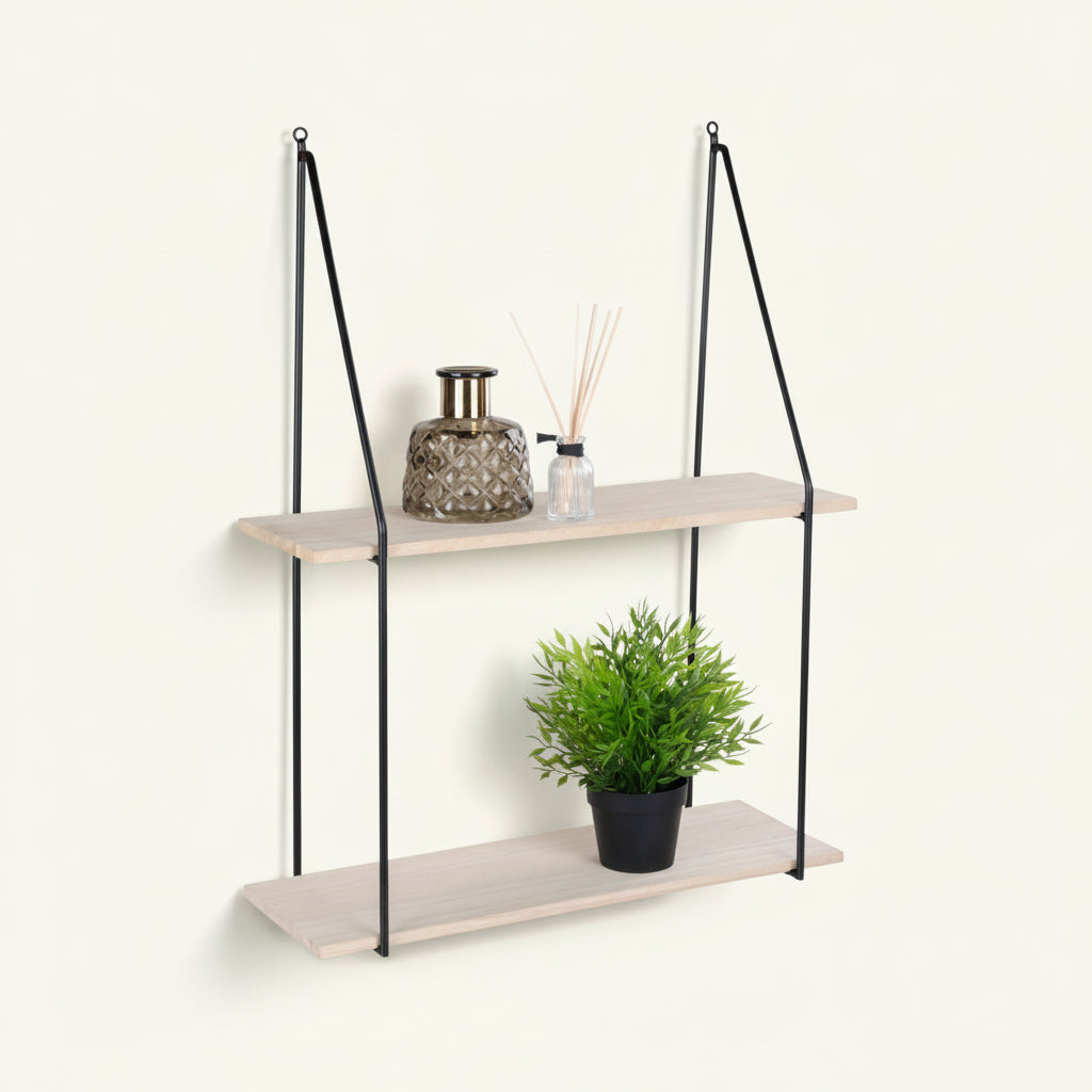 Vegghylle Haag med to hyller i natur tre og sort ramme, dekorert med plante og små krukker
