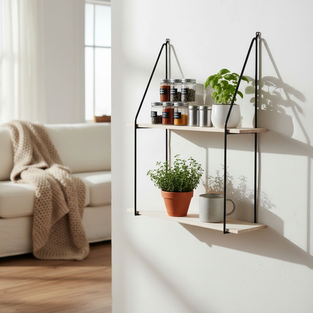 Detalj av opphengskonstruksjon på Haag vegghylle, sorte metallstag og toppfeste