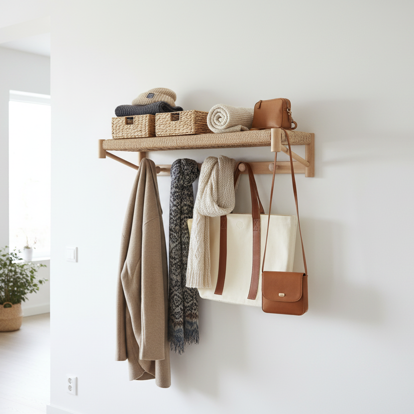 Hattehylle i natur tre med knagger for yttertøy