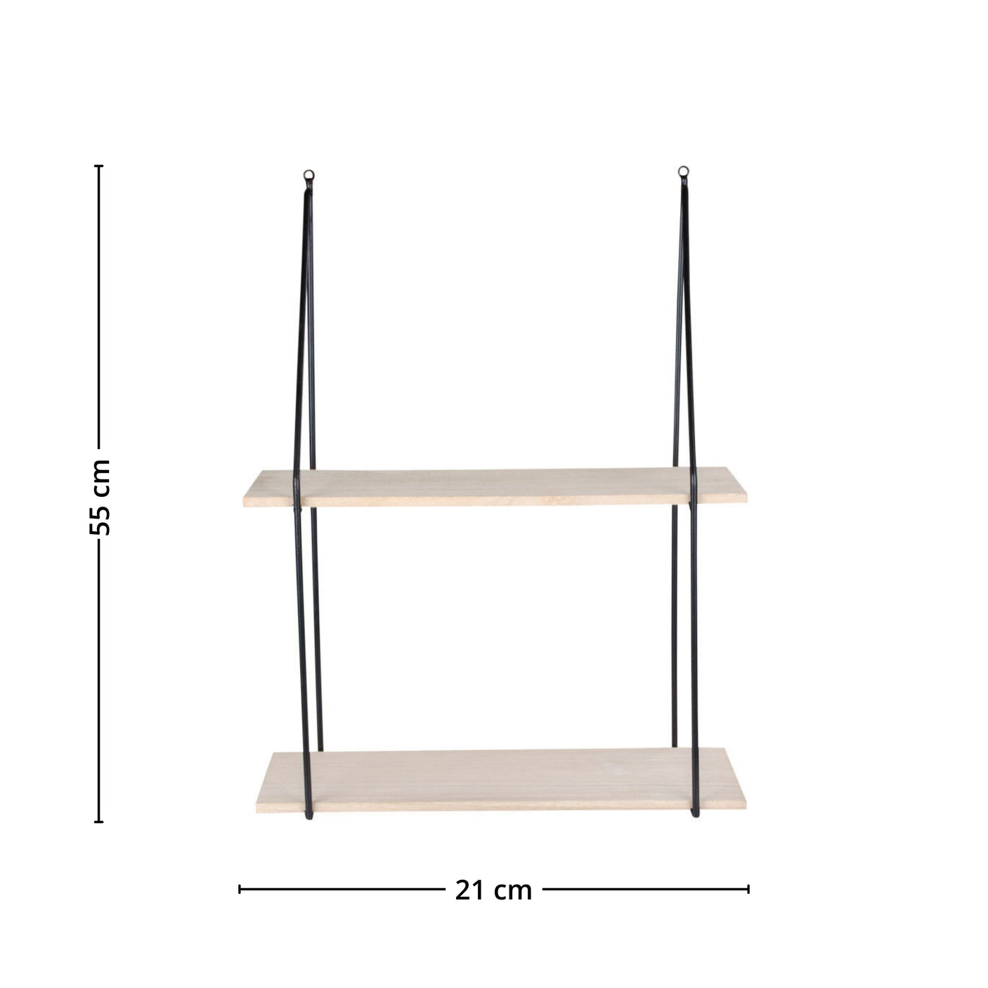Sidevinkel av Haag vegghylle, viser dybde 21 cm og oppheng med sort stroppeform