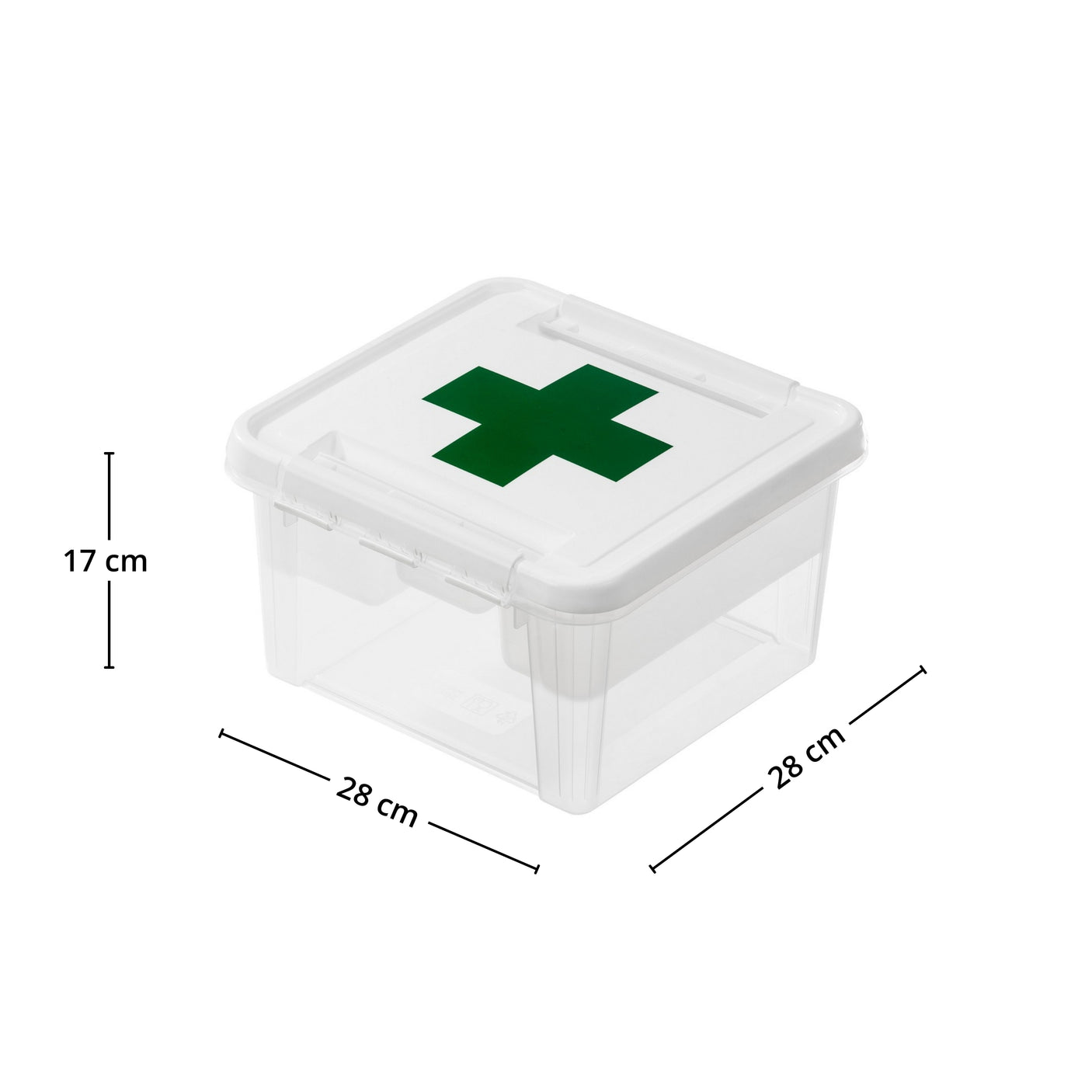 Førstehjelpsboks 28 x 28 x 17 cm plassert på hylle i bod