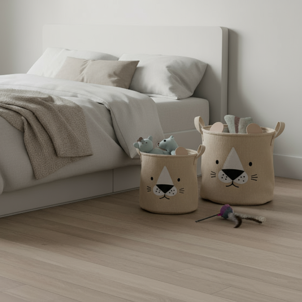 2-pk beige stoffkurver med dyremotiv fra Lindas Dekor – oppbevaringskurver i cordstoff med håndtak, perfekt til barnerom og hjem.