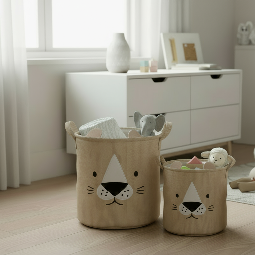Beige oppbevaringskurver med søte dyremotiv fra Lindas Dekor plassert på barnerom – dekorativ og praktisk løsning for leker og tepper.
